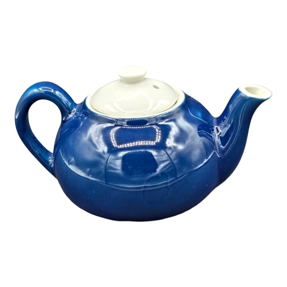 Mayer China Individual Teapot Restaurant Ware Deep Blue White Lid Round NOS 1984